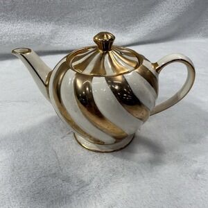 SADLER Gold & Cream Stripe Tea Pot England VINTAGE Swirl Signed